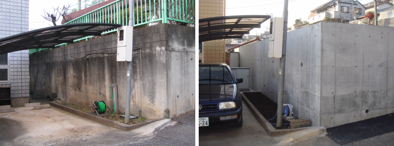 擁壁工事 車庫工事 L型擁壁 間知ブロック 地下車庫 ㈱マツケン 東京 横浜 神奈川